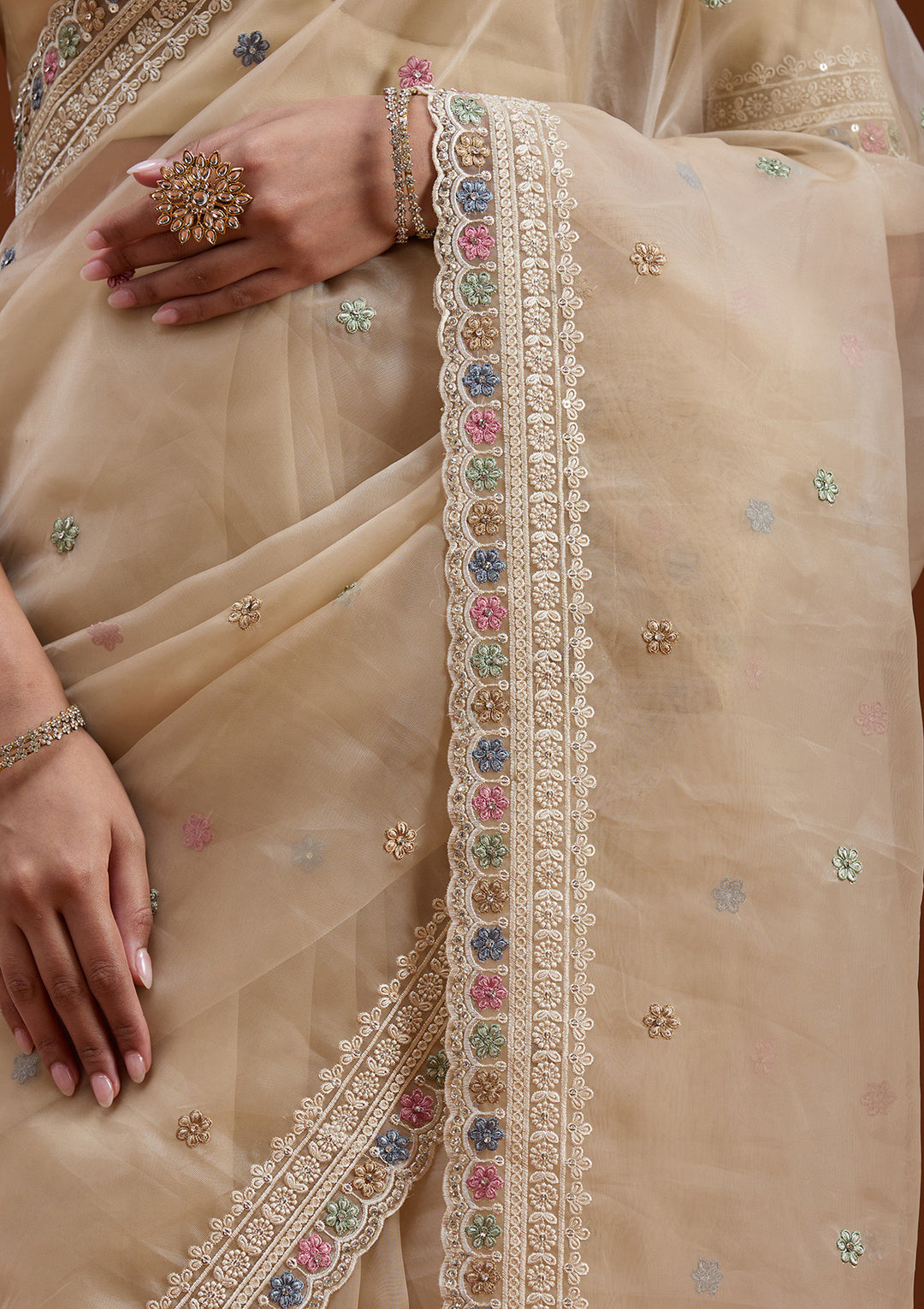 Beige Threadwork Tissue Saree