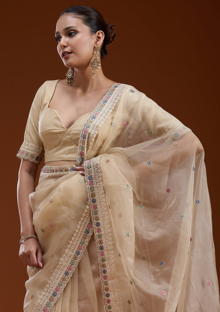 Beige Threadwork Tissue Saree