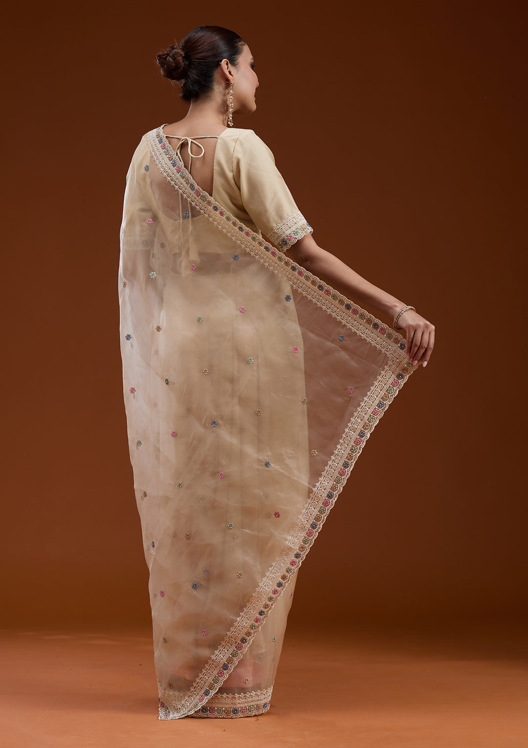 Beige Threadwork Tissue Saree