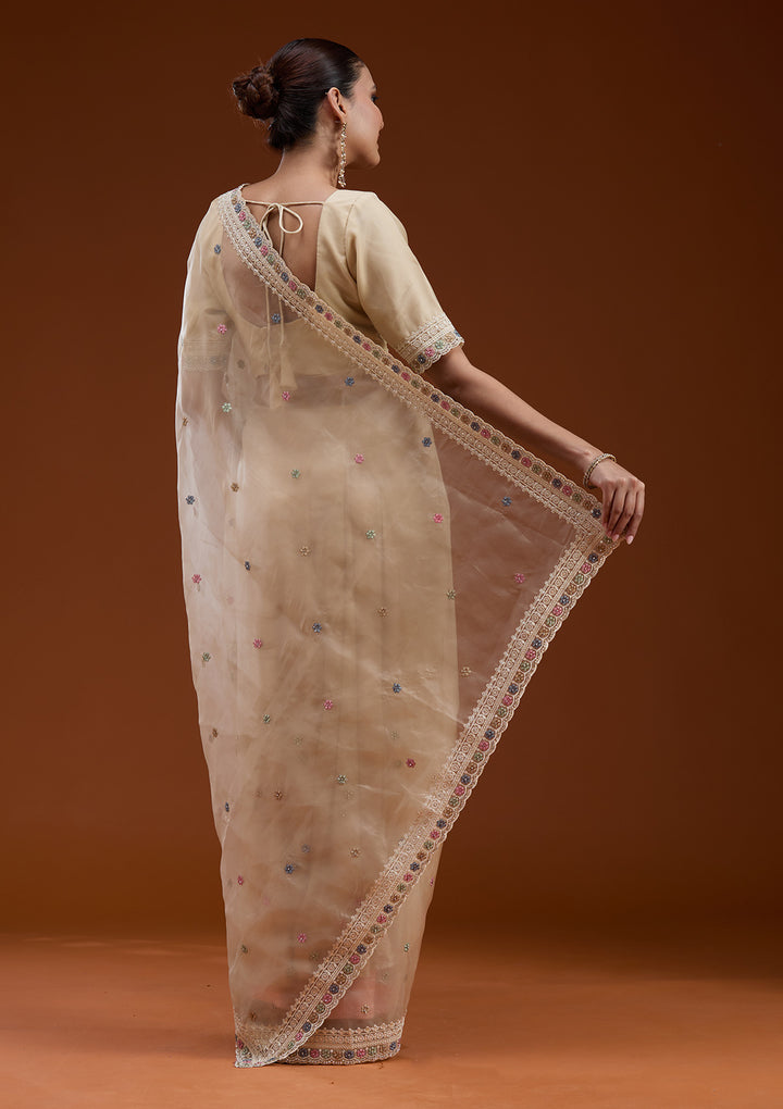 Beige Threadwork Tissue Saree