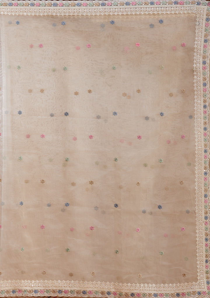 Beige Threadwork Tissue Saree
