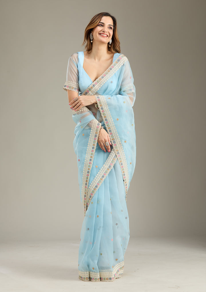 Sky Blue Threadwork Tissue Saree