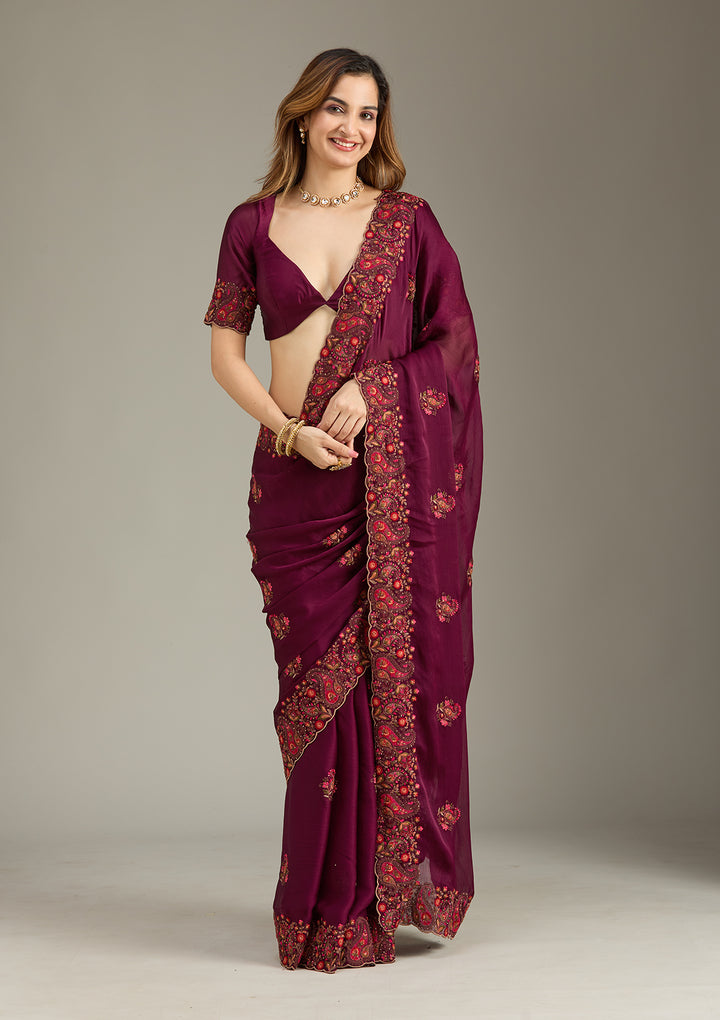 Wine Kashmiri Chiffon Saree