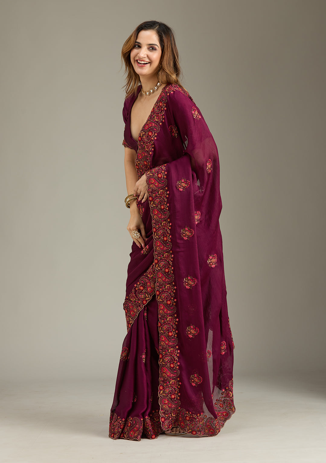 Wine Kashmiri Chiffon Saree
