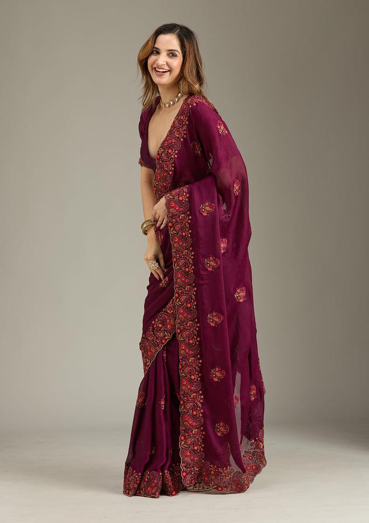Wine Kashmiri Chiffon Saree