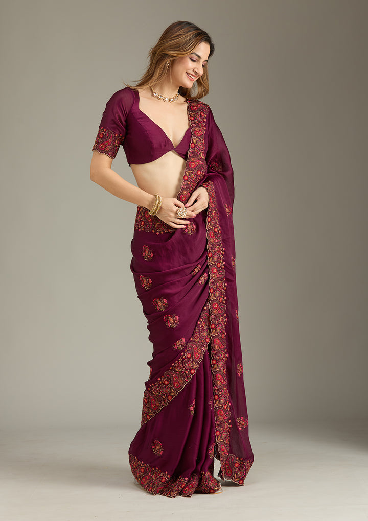 Wine Kashmiri Chiffon Saree