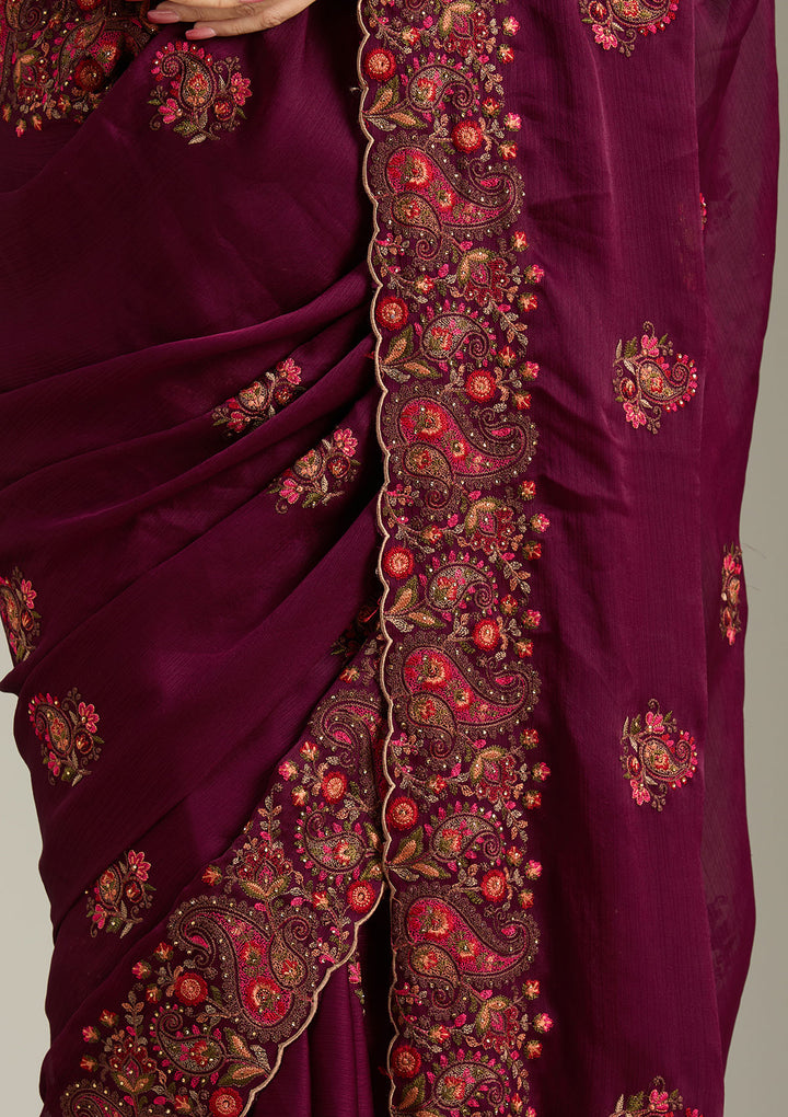 Wine Kashmiri Chiffon Saree