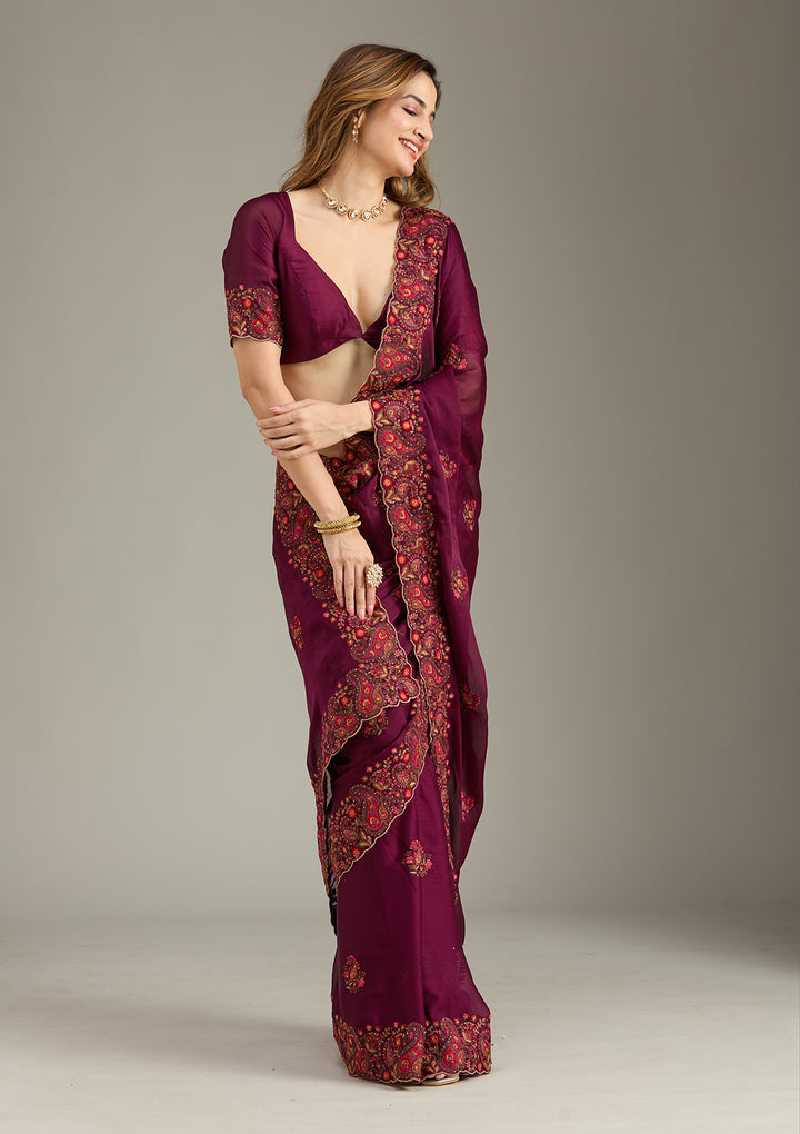 Wine Kashmiri Chiffon Saree