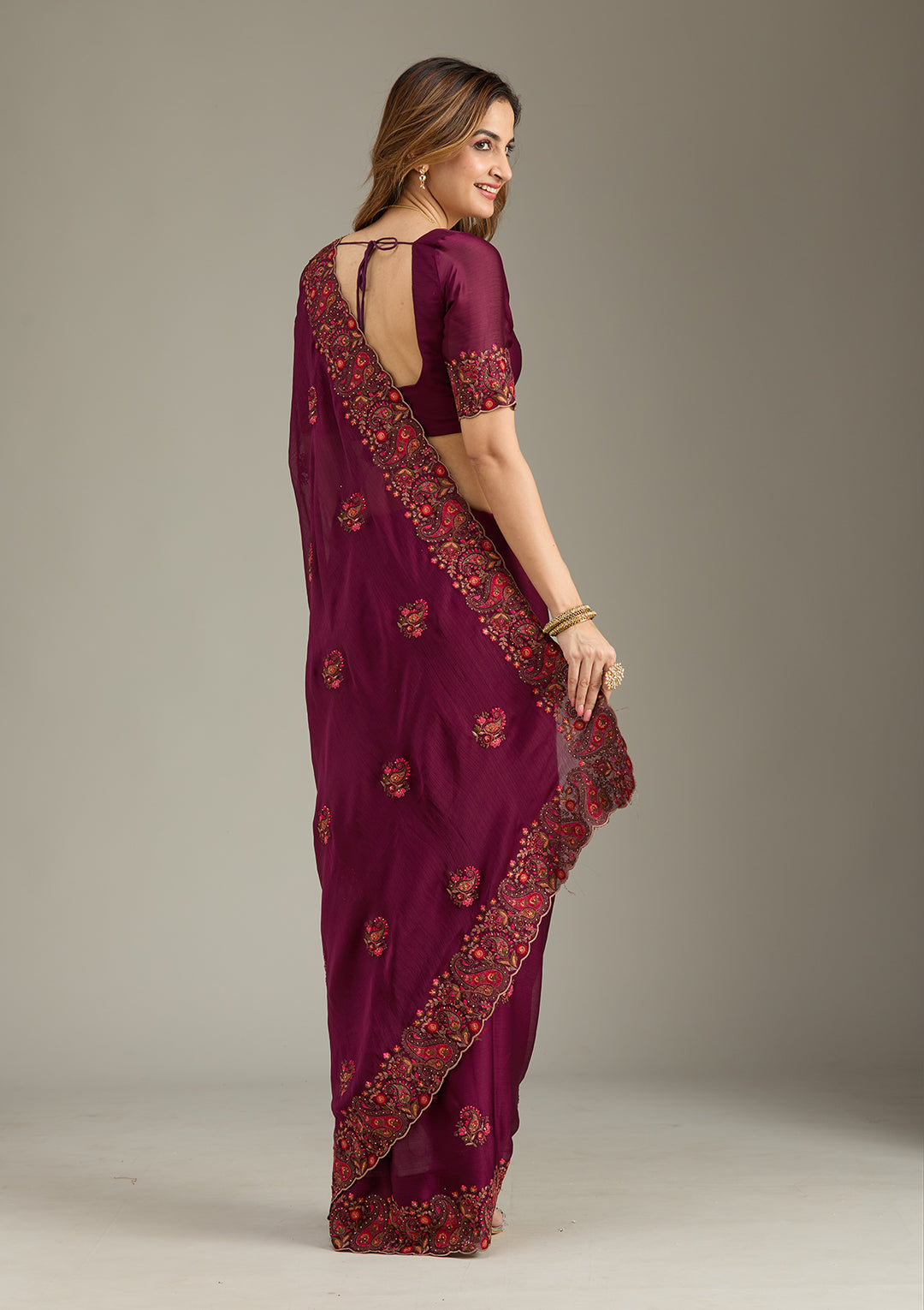 Wine Kashmiri Chiffon Saree