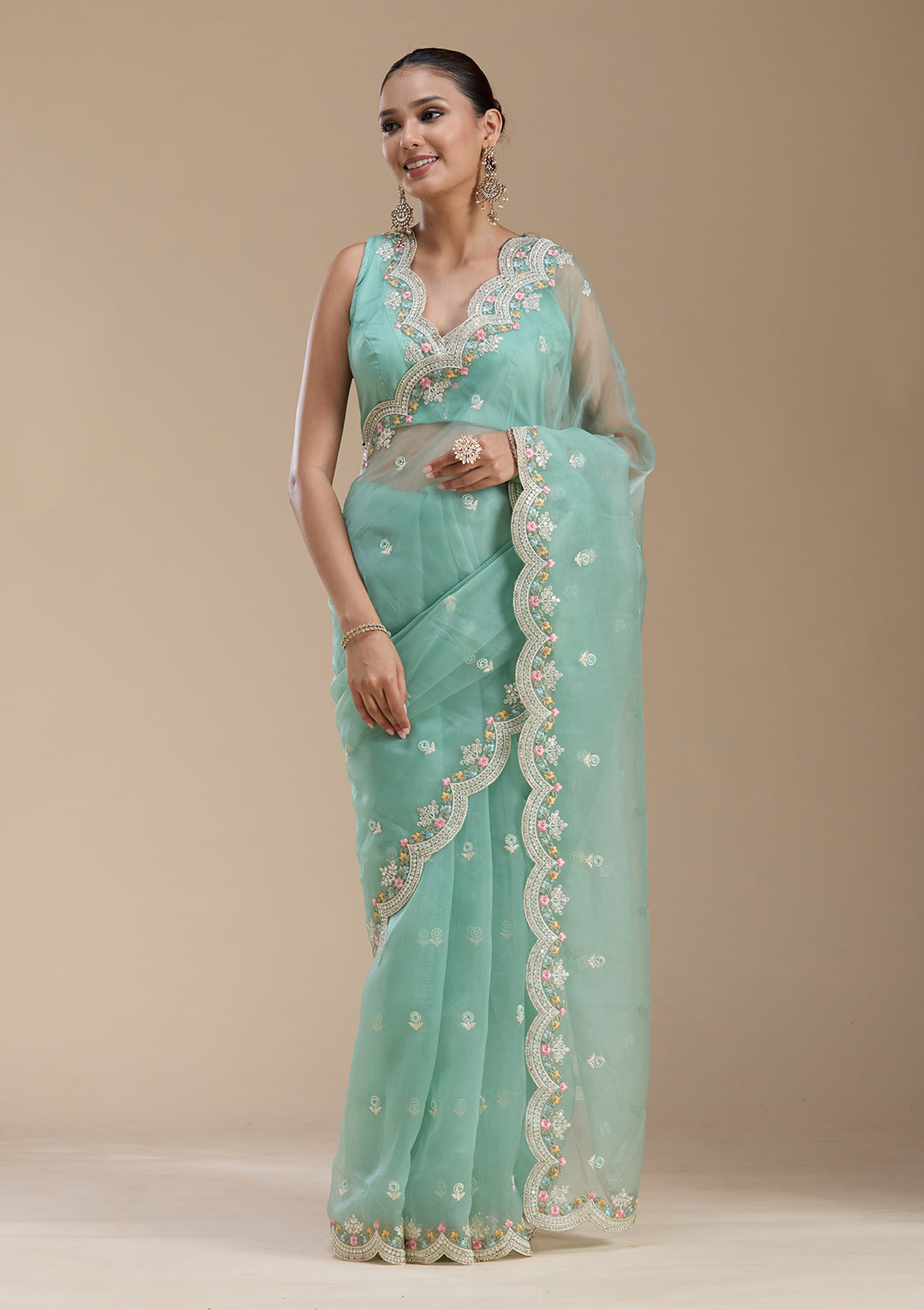 Sea Green Threadwork Tissue Saree