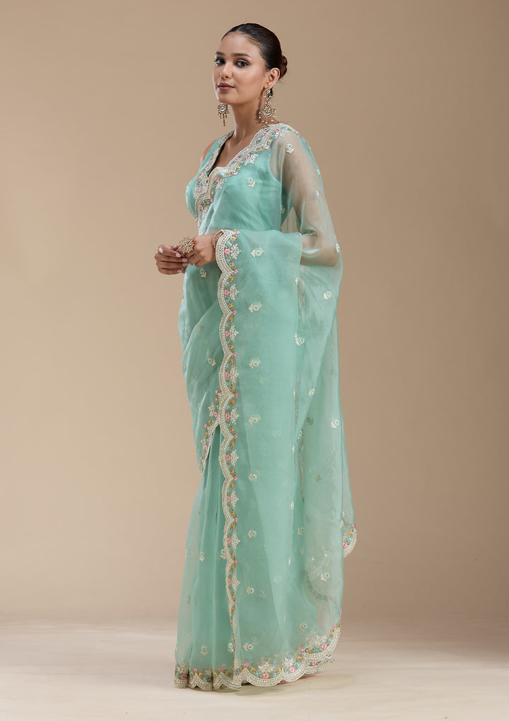 Sea Green Threadwork Tissue Saree