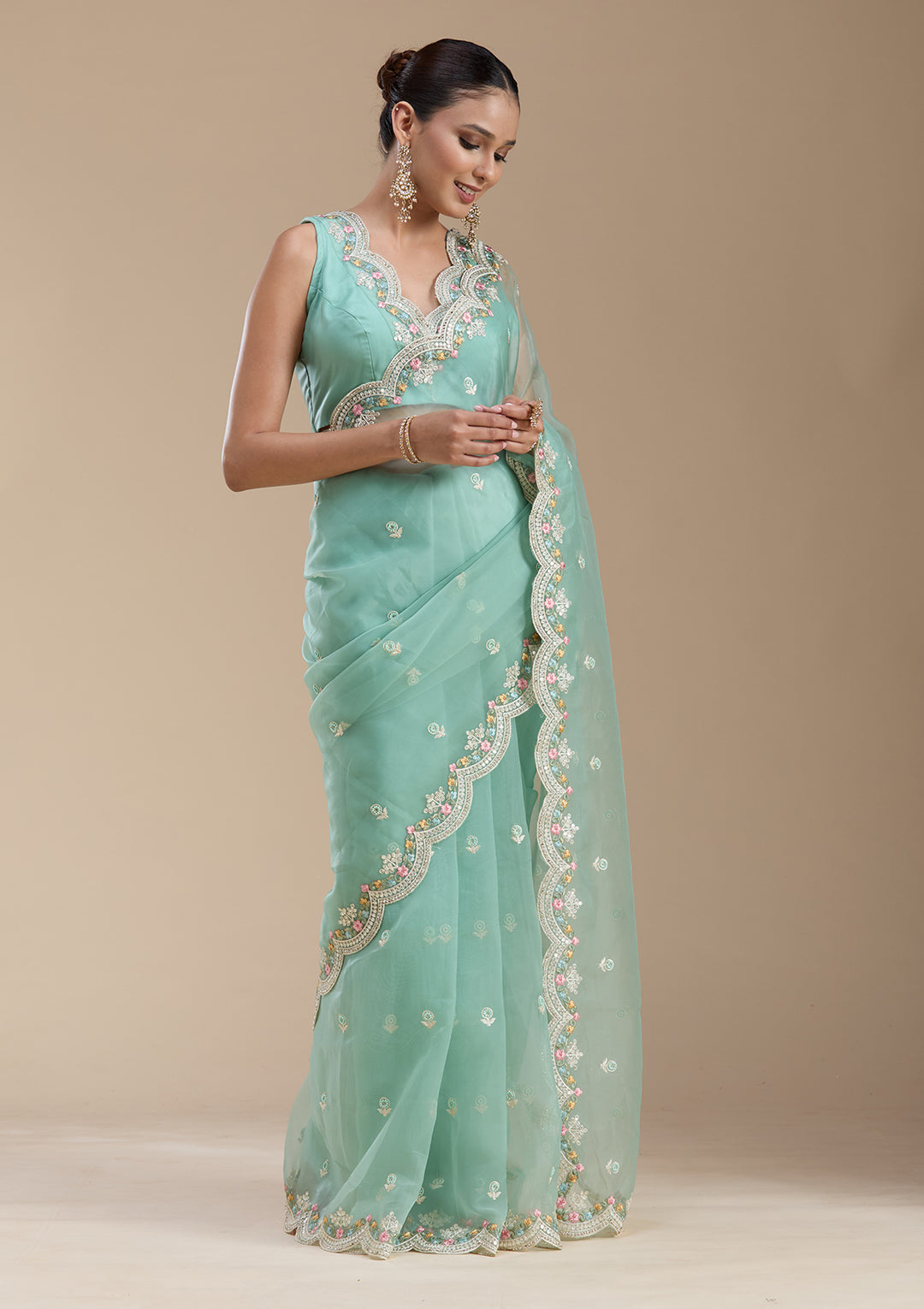 Sea Green Threadwork Tissue Saree