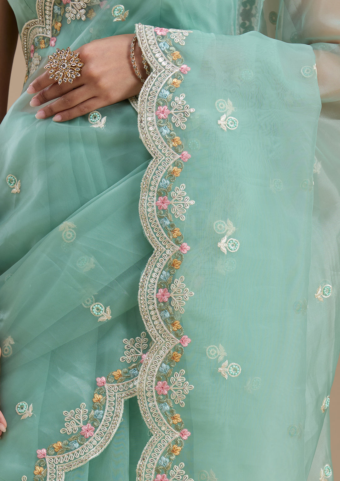 Sea Green Threadwork Tissue Saree