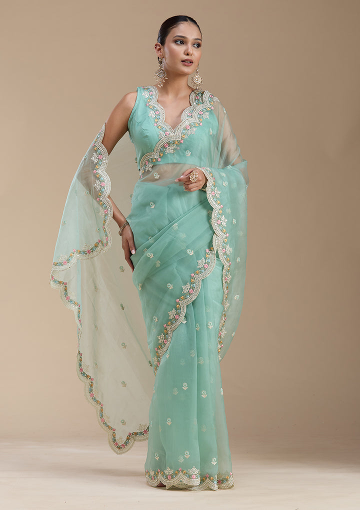 Sea Green Threadwork Tissue Saree