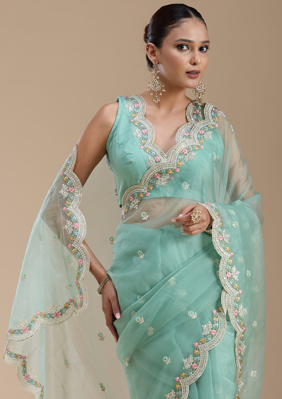 Sea Green Threadwork Tissue Saree