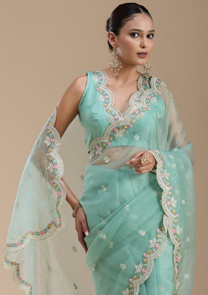 Sea Green Threadwork Tissue Saree
