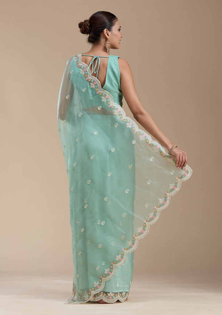 Sea Green Threadwork Tissue Saree