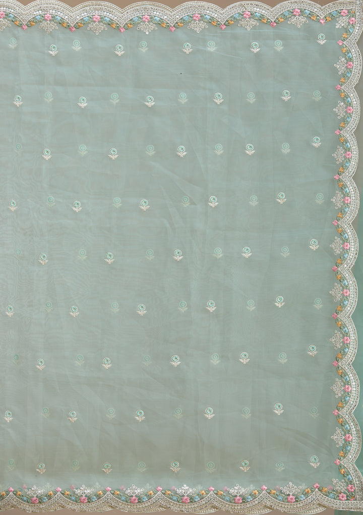 Sea Green Threadwork Tissue Saree