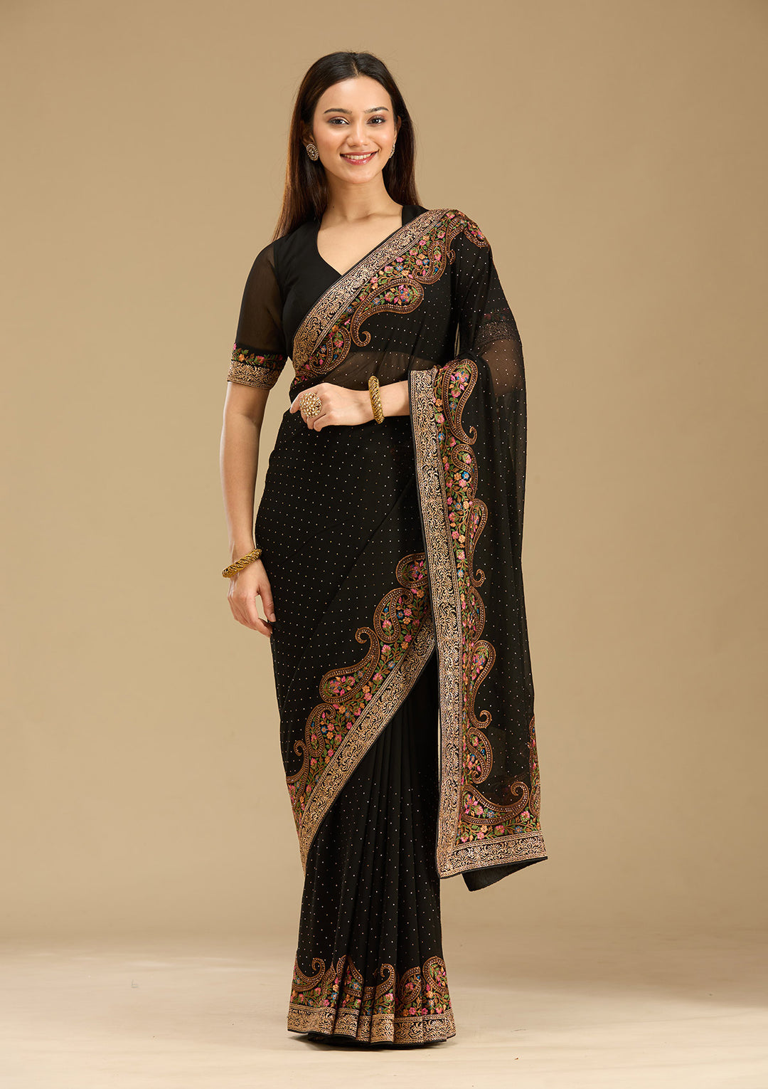 Black Kashmiri Georgette Saree
