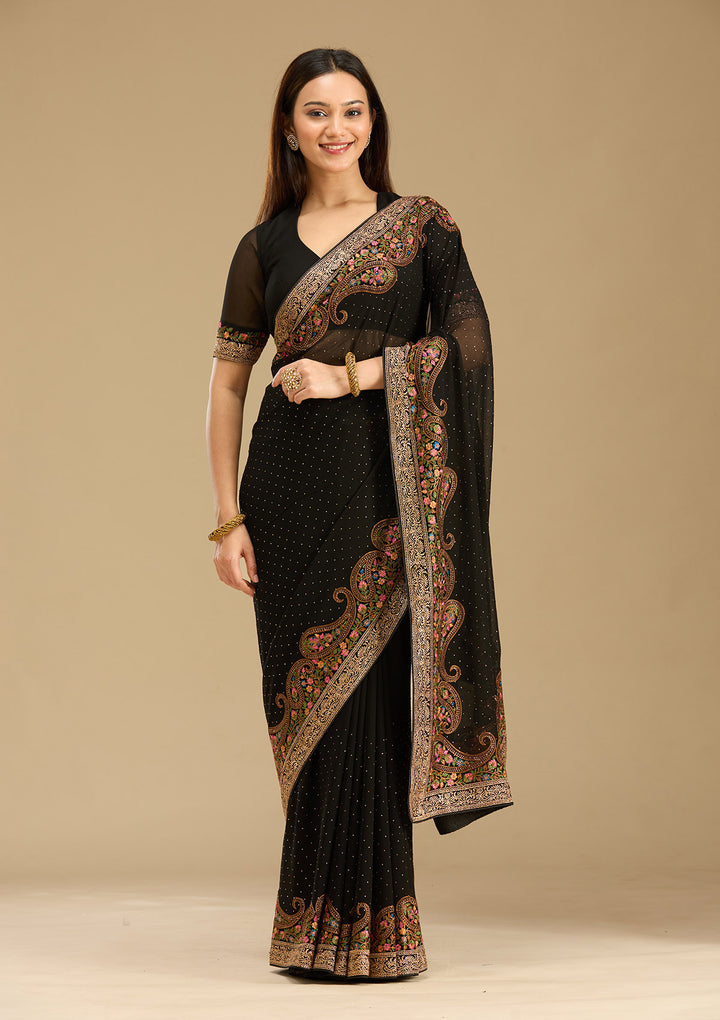 Black Kashmiri Georgette Saree