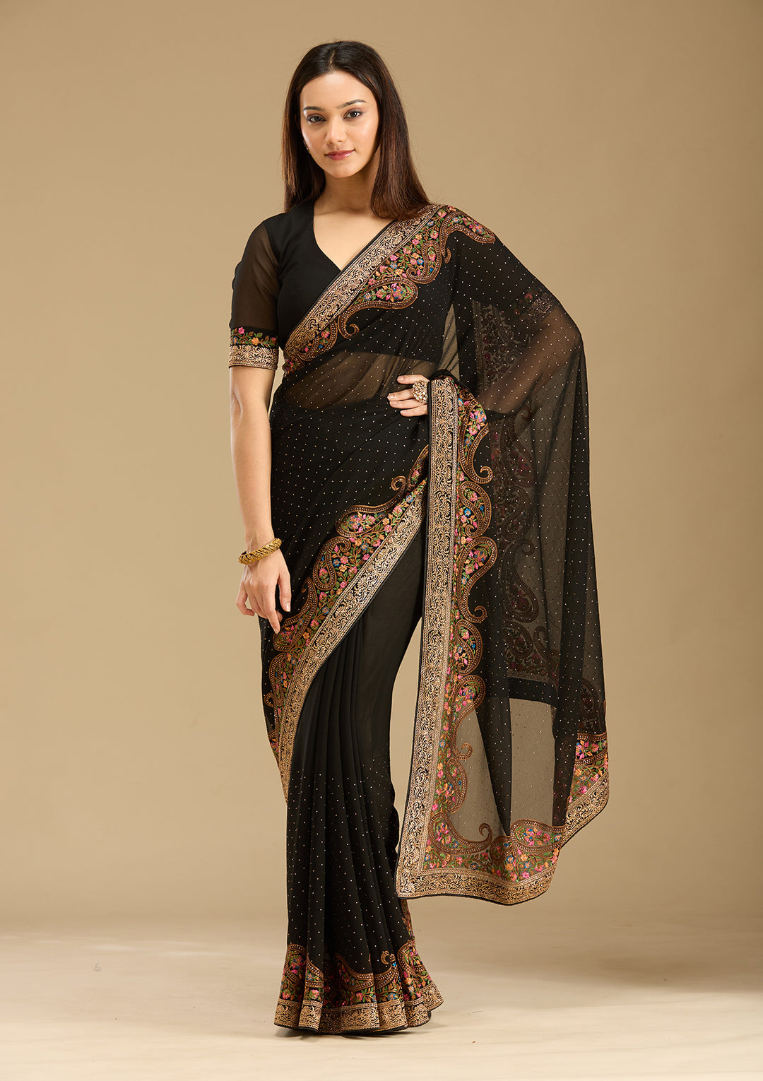 Black Kashmiri Georgette Saree
