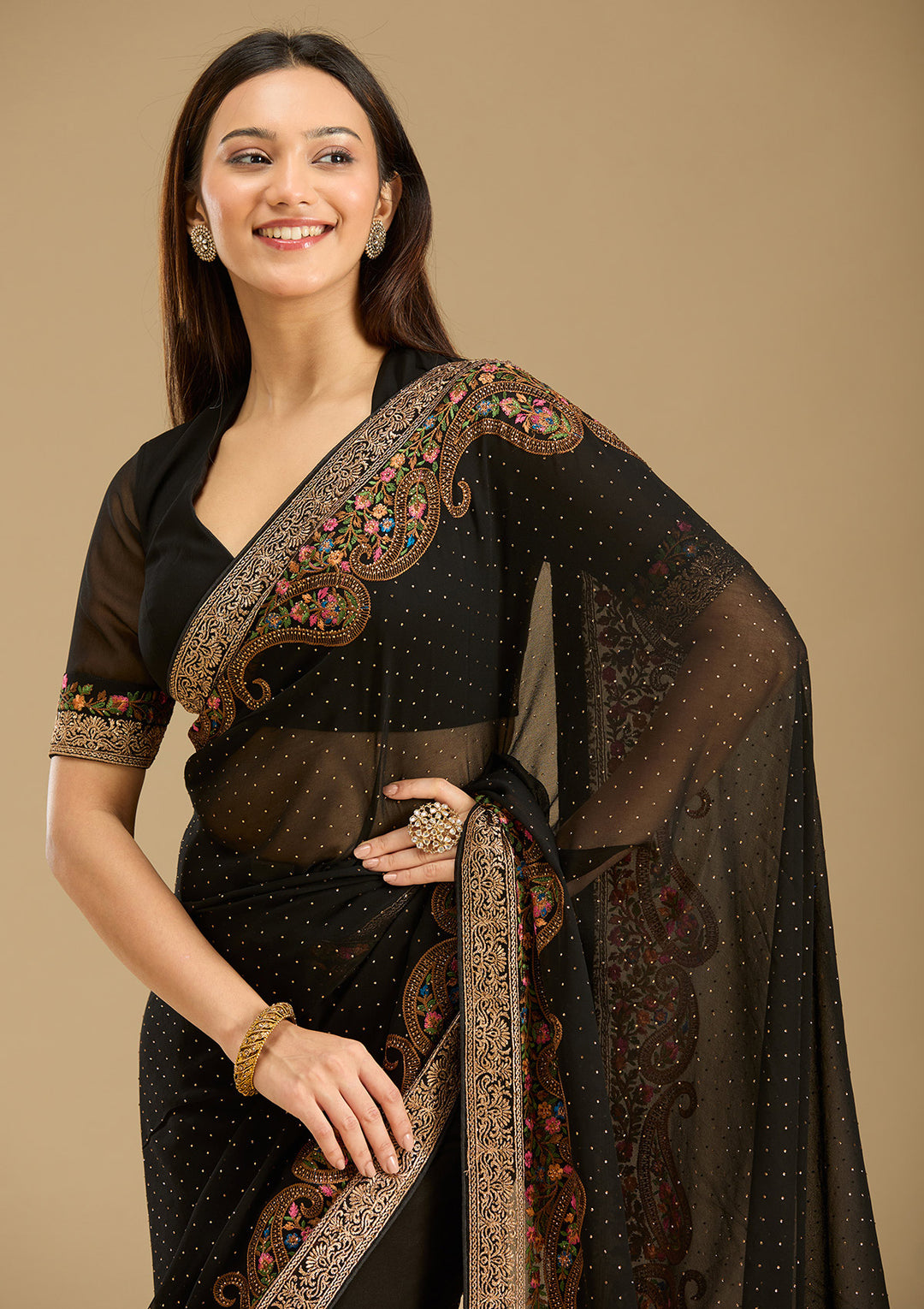 Black Kashmiri Georgette Saree