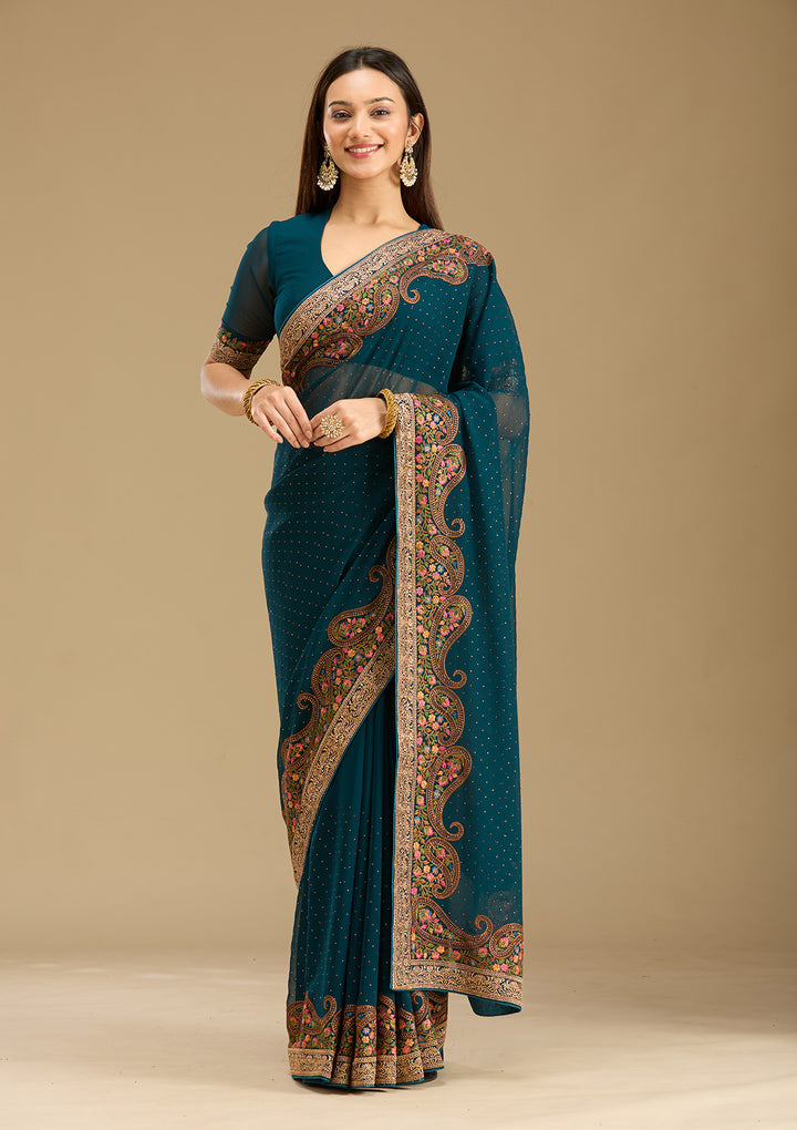 Peacock Blue Kashmiri Georgette Saree