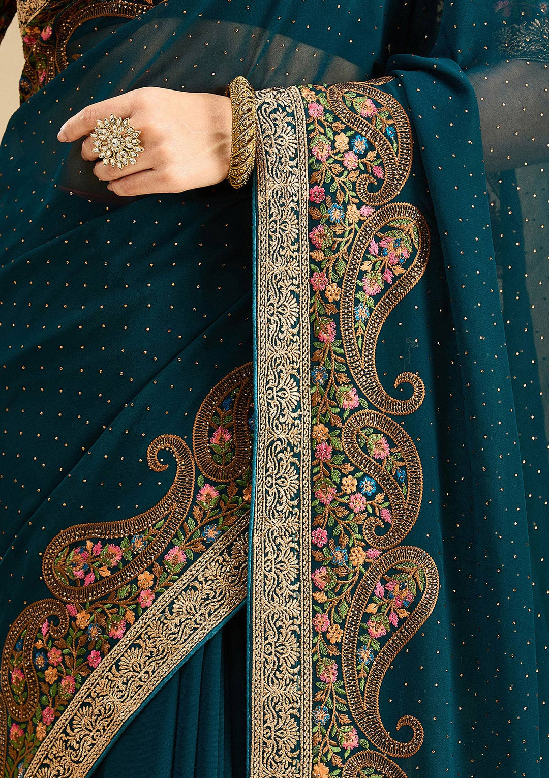 Peacock Blue Kashmiri Georgette Saree