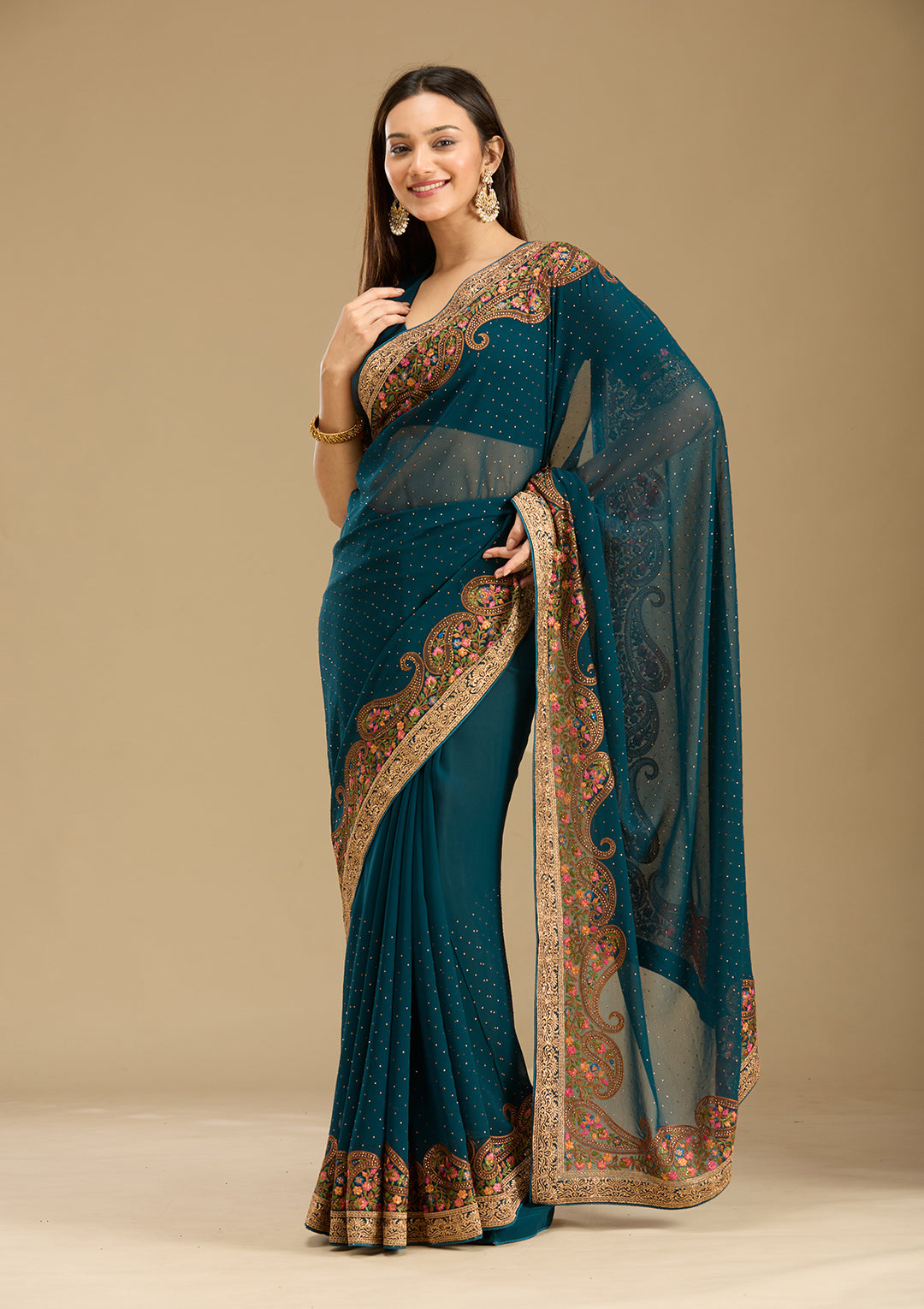 Peacock Blue Kashmiri Georgette Saree