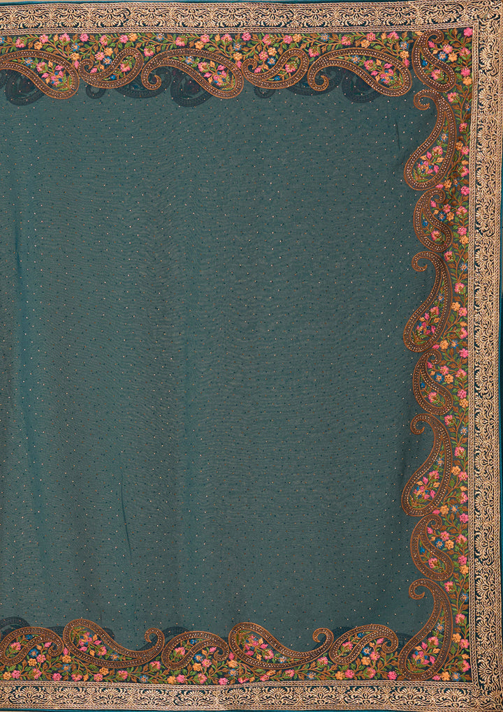 Peacock Blue Kashmiri Georgette Saree