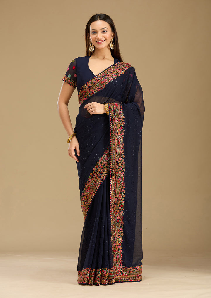 Navy Blue Kashmiri Georgette Saree