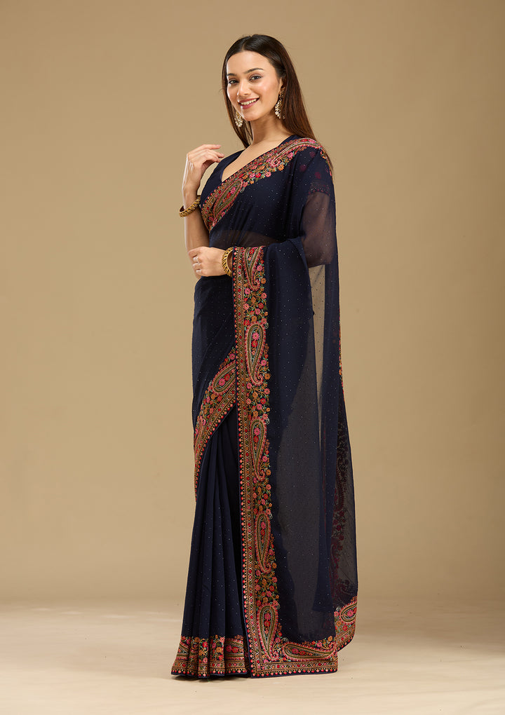 Navy Blue Kashmiri Georgette Saree