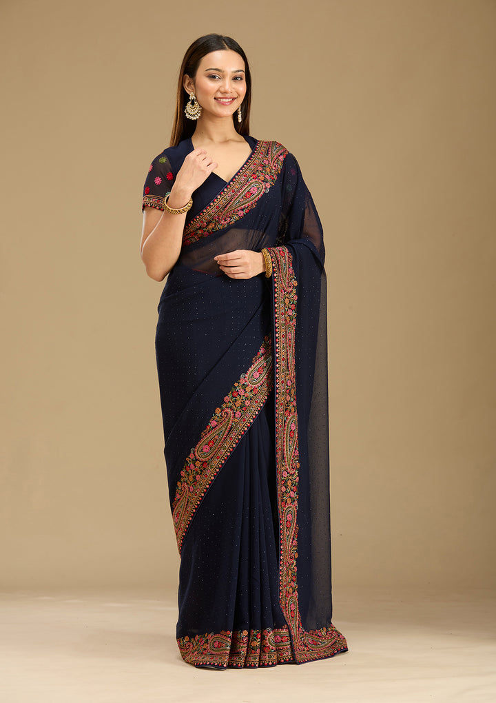 Navy Blue Kashmiri Georgette Saree