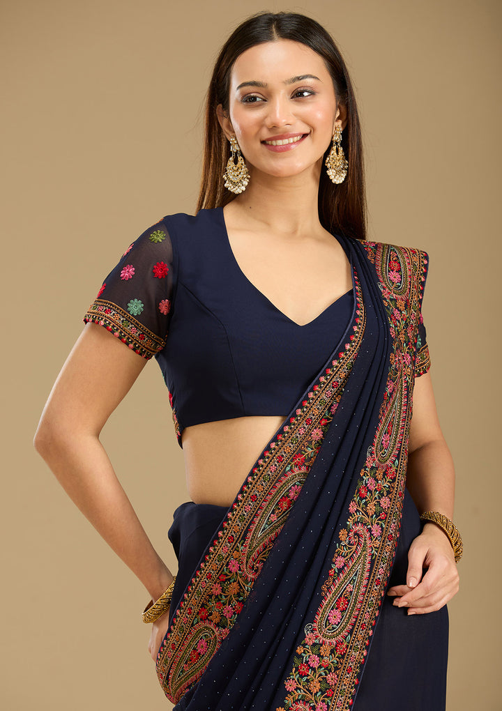 Navy Blue Kashmiri Georgette Saree