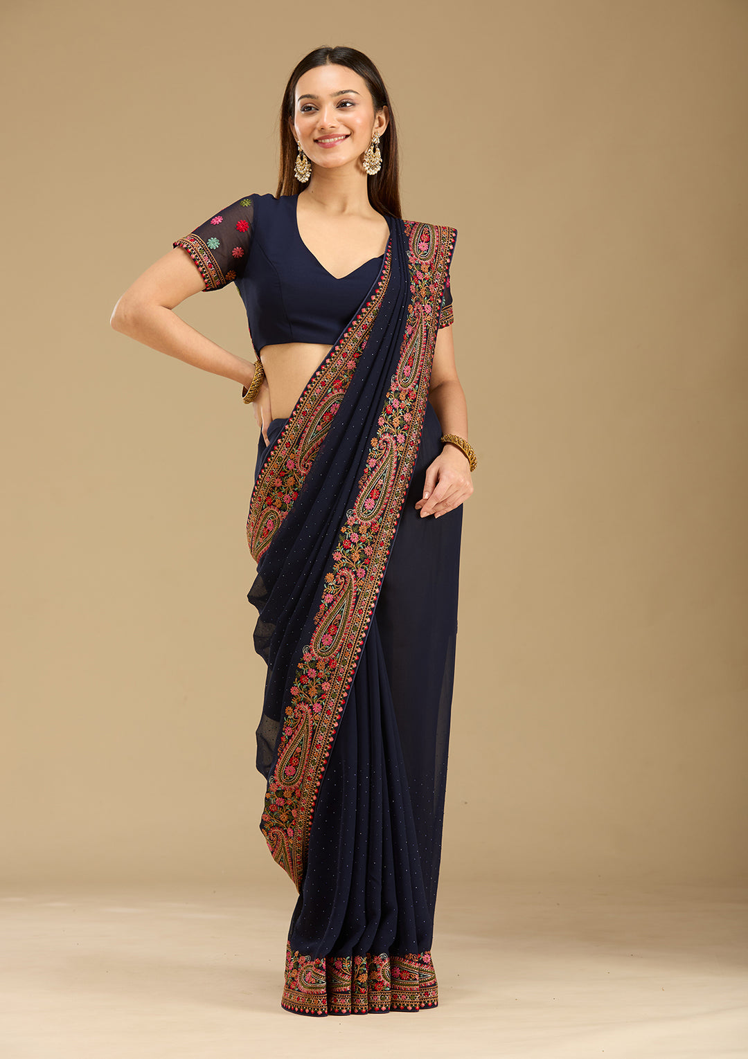 Navy Blue Kashmiri Georgette Saree