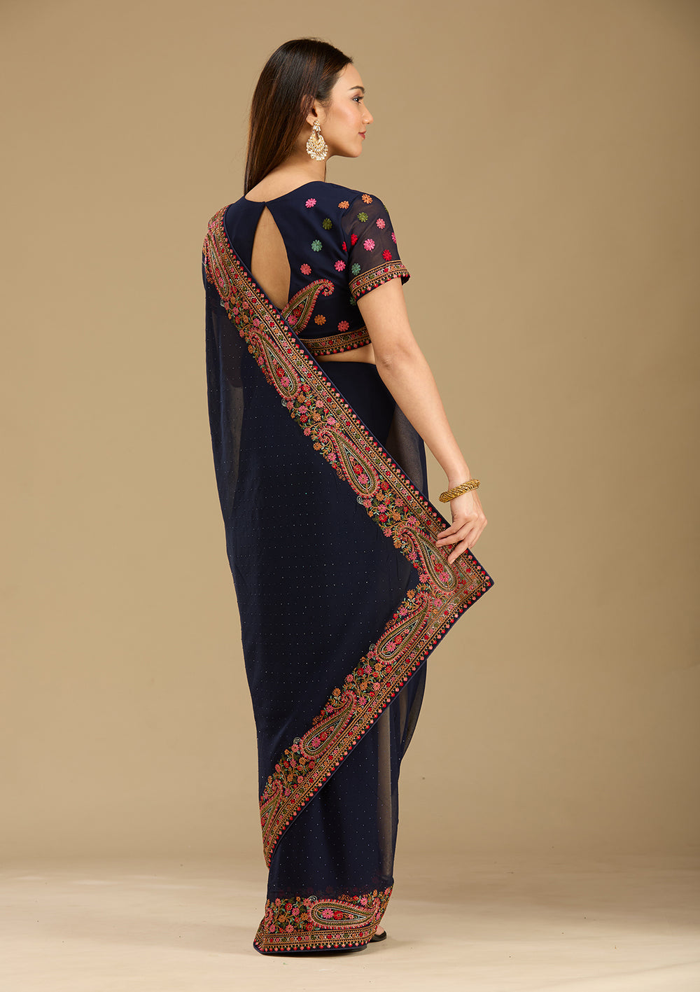 Navy Blue Kashmiri Georgette Saree