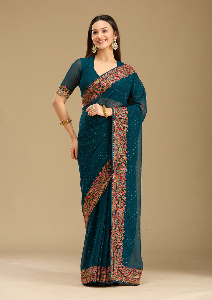 Peacock Blue Kashmiri Georgette Saree