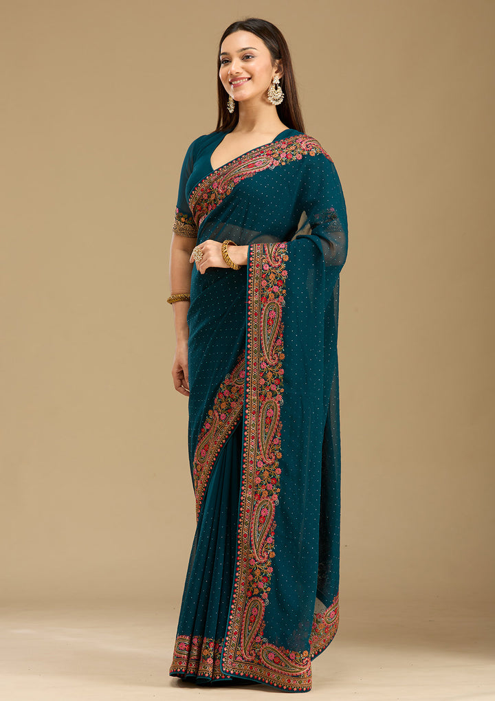 Peacock Blue Kashmiri Georgette Saree