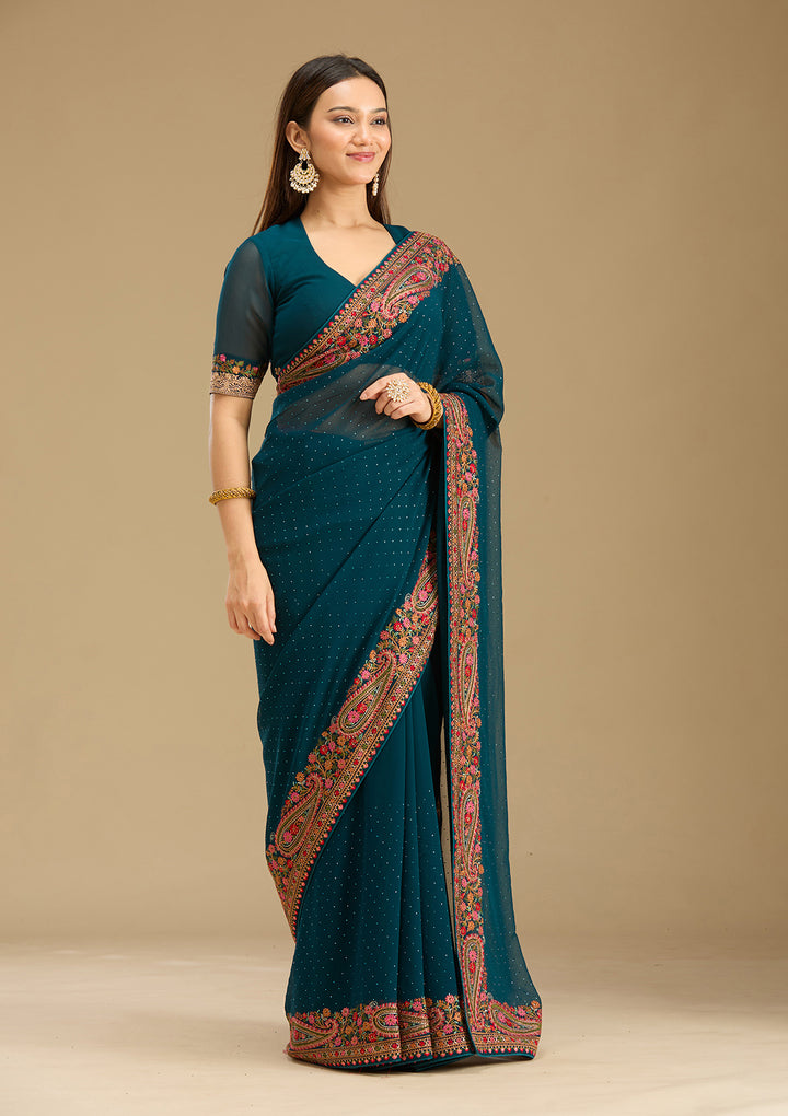Peacock Blue Kashmiri Georgette Saree