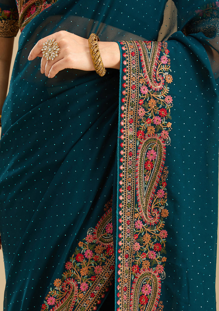 Peacock Blue Kashmiri Georgette Saree