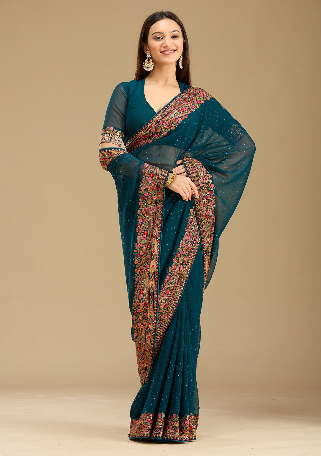 Peacock Blue Kashmiri Georgette Saree