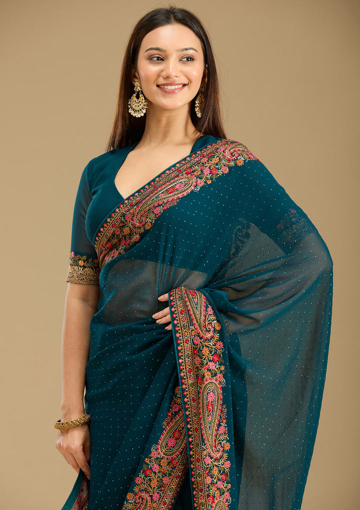 Peacock Blue Kashmiri Georgette Saree