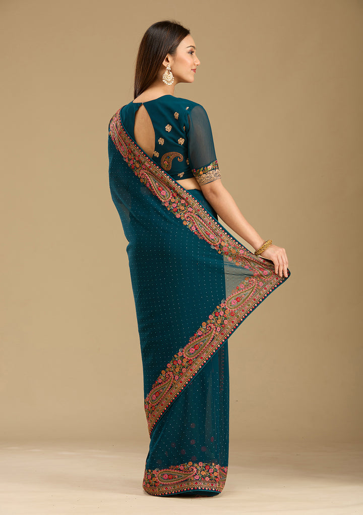 Peacock Blue Kashmiri Georgette Saree