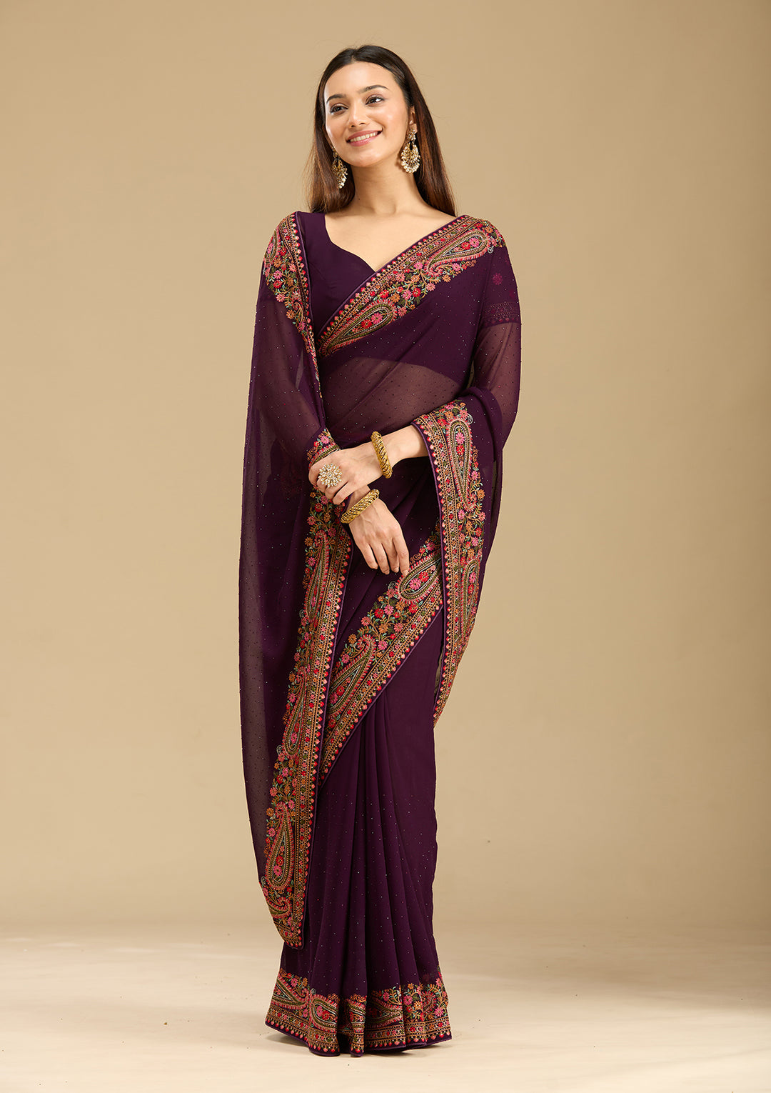 Wine Kashmiri Georgette Saree