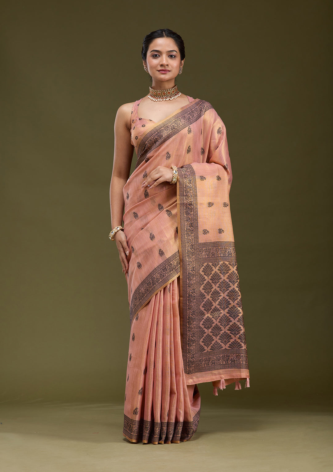 Peach Printed Art Silk Saree