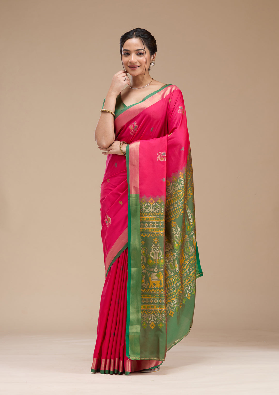 Rani Pink Printed Art Silk Saree