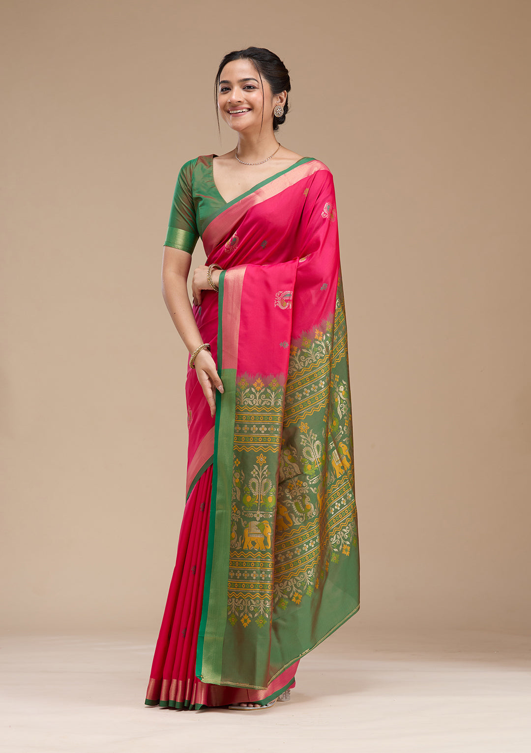 Rani Pink Printed Art Silk Saree