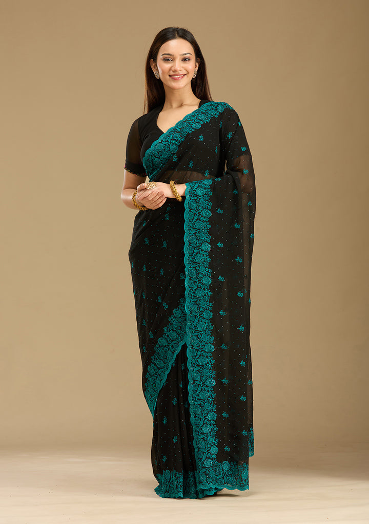 Black Threadwork Georgette Saree