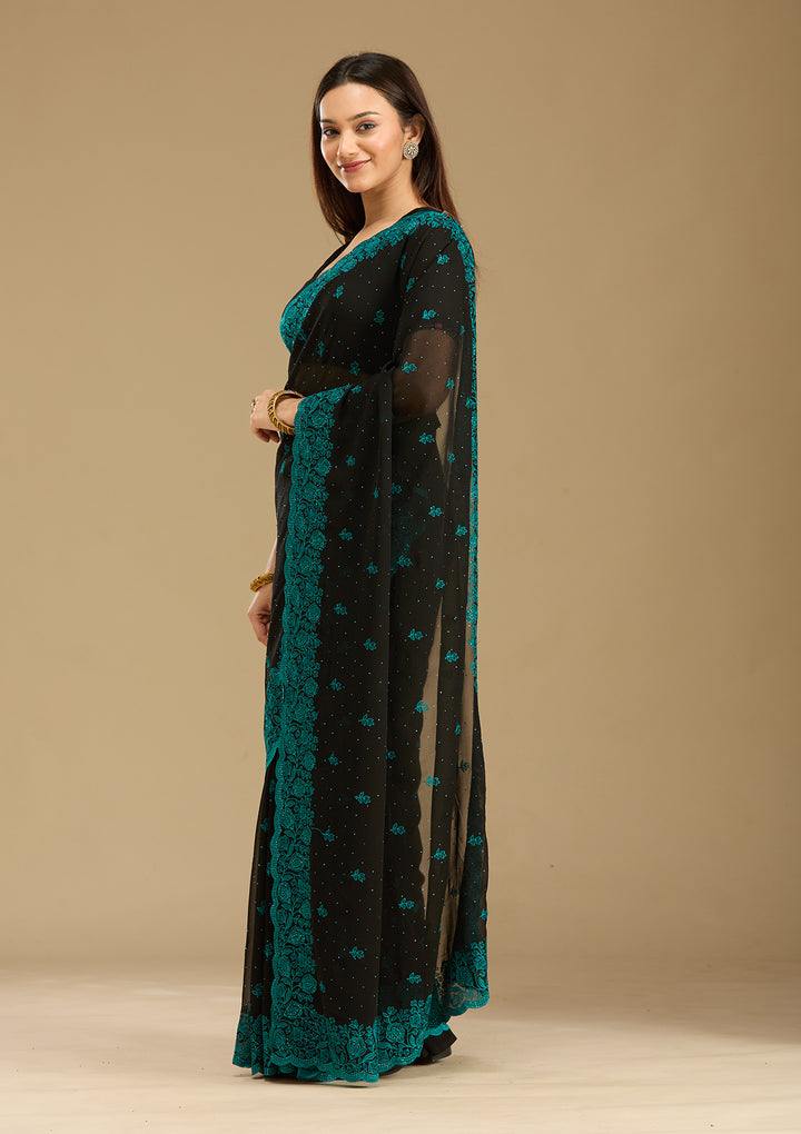 Black Threadwork Georgette Saree