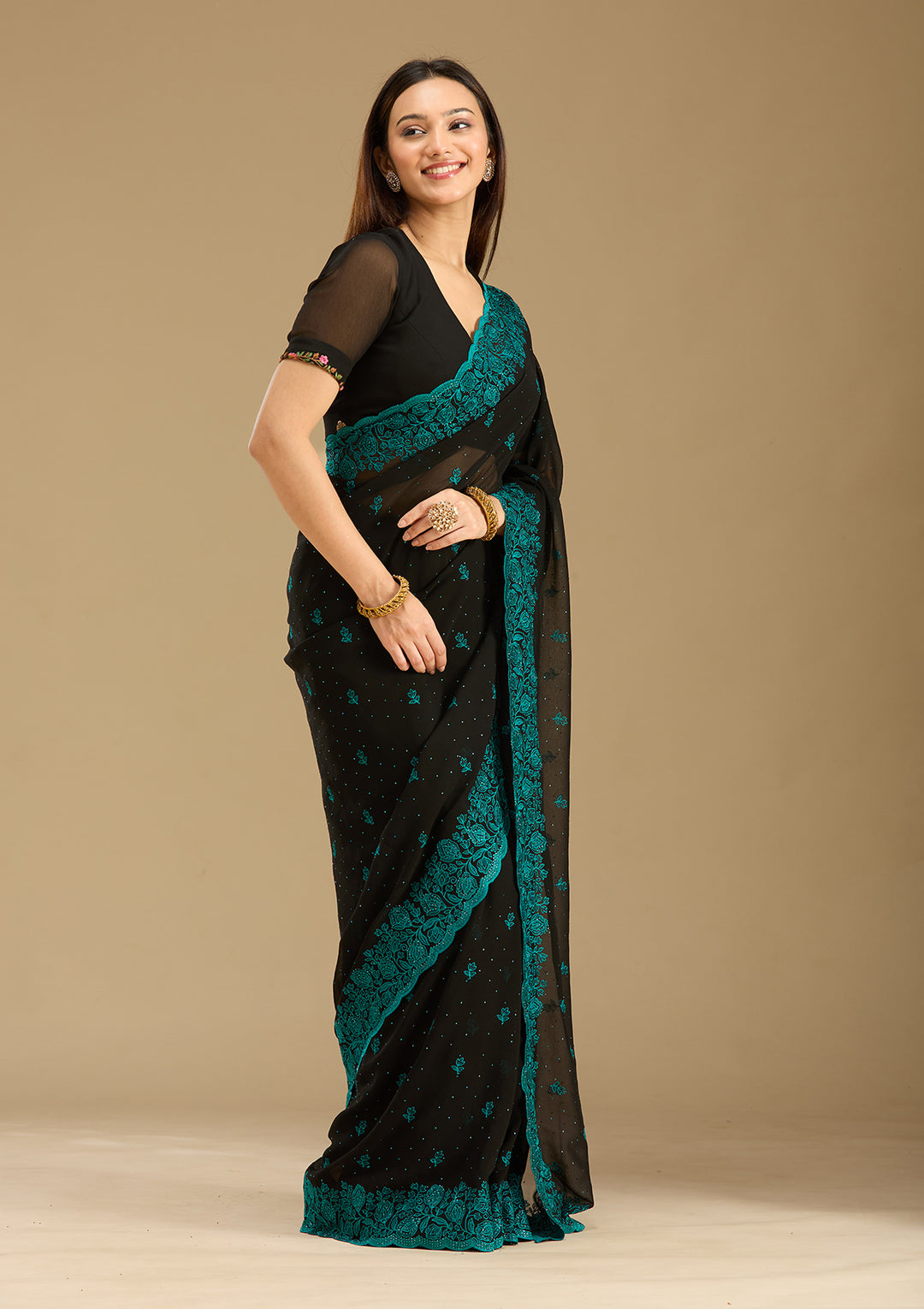 Black Threadwork Georgette Saree
